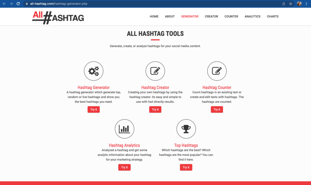 All Hashtag Screenshot All-Hashtag generates relevant hashtags that you can copy and paste into your social media posts. The tool is simple, cost-free, and easy to use.